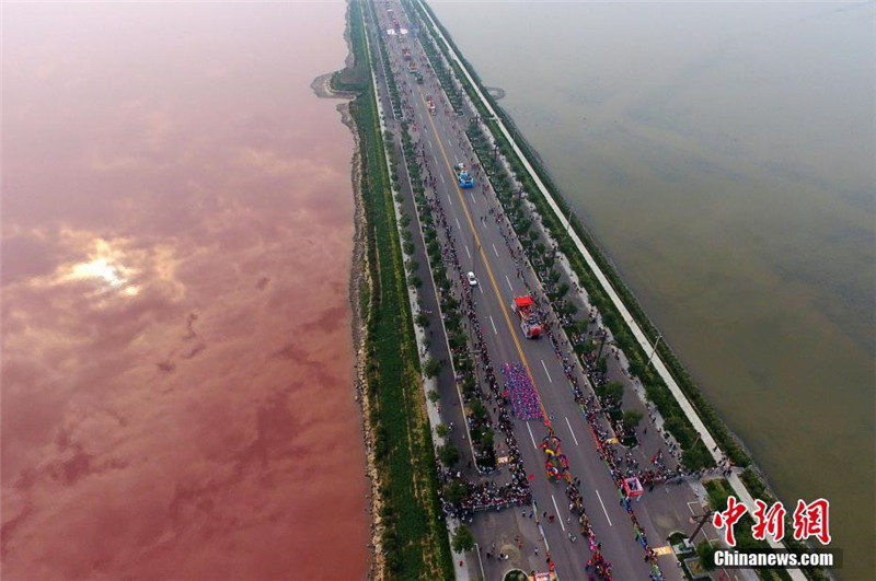 Китайское соляное озеро окрасилось в розовый цвет