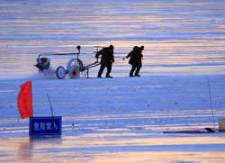 На реке Сунхуацзян в Харбине собирают лед для изготовления ледяных скульптур